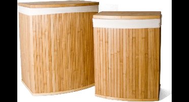 Set van 2 Bamboe Wasmanden incl. waszak met Deksel, Katoenen Zak en Handvaten – Gebogen voorkant -Naturel – 63L / 31L