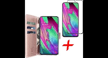 Hoesje geschikt voor Samsung Galaxy A40 - Screen Protector FullGuard - Book Case Kunstleer Pasjeshouder Rosegoud & Screenprotector