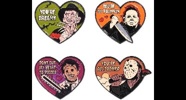 Set van 4 Metalen Horror Love Pins – Creepy, Cute & Perfect voor Halloween-lovers