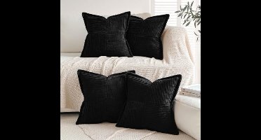 PromoHome Zachte corduroy kussenslopen - 4 Stuks Gestreept Design - 45x45 cm - Zwart