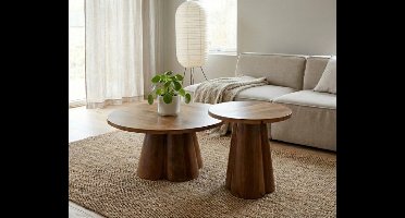 Salontafel Balou rond set van 2 mangohout 80x80x42 cm - Walnoot - Japandi