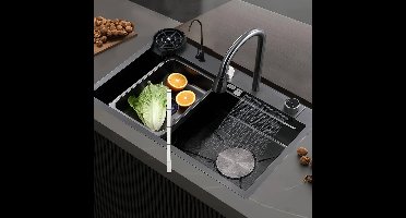 Zwarte Keukenbak – Spoelbak – Inbouwbak – RVS Spoelbak – Keukenspoelbak – Roestvrij Staal – 68x45 cm – Uittrekbare Kraan & Waterzuivering