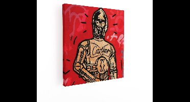 Artaza Canvas Schilderij Pop Art C-3Po met Cartier Logo op Rode Achtergrond - 90x90 cm - Groot - Wanddecoratie Woonkamer - Schilderijen - Muurdecoratie