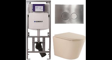 QeramiQ Dely Toiletset - 36.3x51.7cm - diepspoel - rimless - Geberit UP720 inbouwreservoir - softclose toilet zitting 35 mm - steel bedieningsplaat - ronde knoppen - mat beige