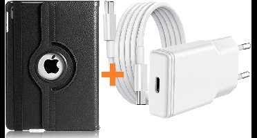 Hoes geschikt voor iPad 2025 hoes Zwart -iPad A16 hoes 11th Generation 11 Inch 2025 draaibare bookcase 360° Case met USB C Adapter - USB C oplader- Slim Snellader 20W Met USB C Kabel 1m - Ntech COMBI-SET