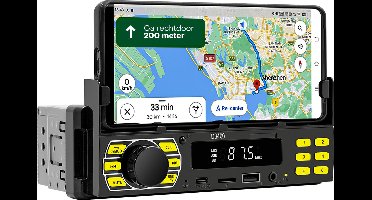 Boscer 1Din Autoradio met Ingebouwde Telefoonhouder - Bluetooth - USB, SD, AUX & USB-C - Handsfree - Afstandsbediening - Enkel DIN Auto Radio - Ingebouwde Microfoon