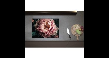 Inductieplaat Beschermer - Chinese Pioenroos met Donkergroene Bladeren - 70x50 cm - 2 mm Dik - Inductie Beschermer - Bescherming Inductiekookplaat - Kookplaat Beschermer van Wit Vinyl