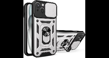 Hoesje geschikt voor iPhone 15 Plus met Ringhouder en Camera schuifje – Zilver