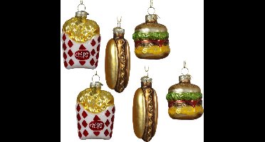 Decoris Kersthangers snacks - 6x stuks - goud - glas - patat - hotdog - hamburger