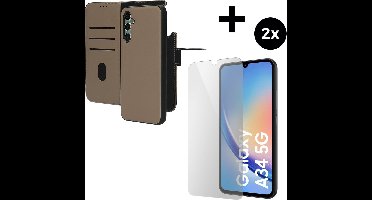 Mobiparts Leather 2 in 1 Wallet Case hoesje geschikt voor Samsung Galaxy A34 (2023) 5G met 2 Screenprotectors van Gehard Glas - Beige