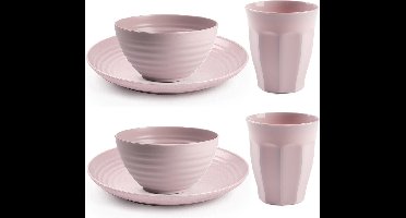 Plasticforte Camping Servies set 30 delig - kunststof - roze - 10x borden/10x drinkbekers/10x kommetjes - onbreekbaar