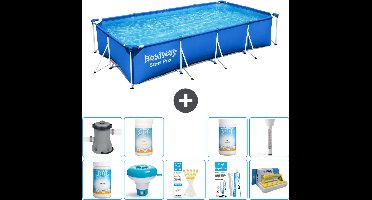 Bestway Rechthoekig Steel Pro Zwembad - 400 x 211 x 81 cm - Blauw - Inclusief Pomp Chloor - Chloordrijver - Testrips - Reparatiesetje - Scrubborstel - PH-min - PH-plus - Thermometer