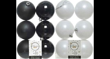 24x stuks kunststof kerstballen zwart en wit 8 cm - Kerstversiering/kerstboomversiering