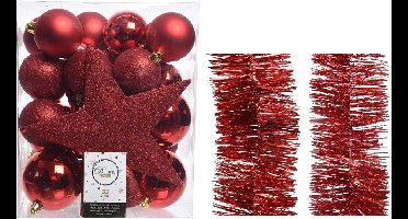 Kerstversiering kunststof kerstballen 5-6-8 cm met ster piek en folieslingers pakket rood van 35x stuks - Kerstboomversiering
