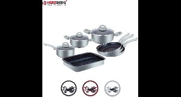 Herzberg HG-9016BR: 10 Stuks Marmer Gecoate Pannenset - Zilver