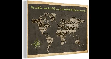 Wanddecoratie Metaal - Aluminium Schilderij Industrieel - Wereldkaart - Quote - Boeken - 120x80 cm - Dibond - Foto op aluminium - Industriële muurdecoratie - Voor de woonkamer/slaapkamer