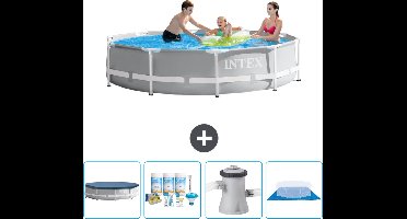 Intex Rond Prism Frame Zwembad - 305 x 76 cm - Grijs - Inclusief Afdekzeil - Onderhoudspakket - Zwembadfilterpomp - Grondzeil