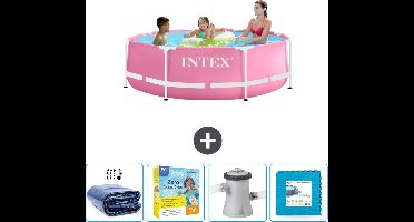 Intex Rond Frame Zwembad - 244 x 76 cm - Roze - Inclusief Solarzeil - Onderhoudspakket - Zwembadfilterpomp - Vloertegels