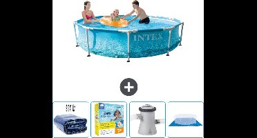 Intex Rond Frame Zwembad - 305 x 76 cm - Waterprint - Inclusief Solarzeil - Onderhoudspakket - Zwembadfilterpomp - Grondzeil