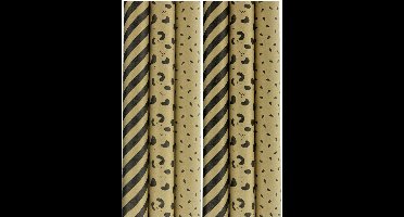 BRUINE PAREL assortiment 100% Recycled 70 Gr/m2 cadeaupapier inpakpapier met goudkleurig design - 70 cm x 2 meter - 6 rollen