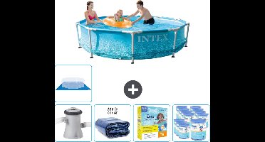 Intex Rond Frame Zwembad - 305 x 76 cm - Waterprint - Inclusief Pomp Solarzeil - Onderhoudspakket - Filters - Grondzeil