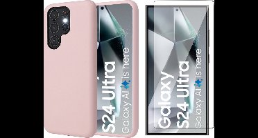 Hoesje geschikt voor Samsung Galaxy S24 Ultra - Screenprotector Volledig Dekkend Glas - Mat Back Case Roze