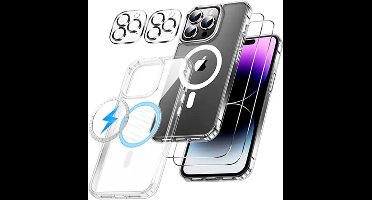 [5 in 1] Magnetisch Hoesje Geschikt voor iPhone 15 Pro Max - 2 Screenprotectors - 2 Camera Lens Protectors - Stevig Doorzichtig TPU Magneet Hoesje - Tempered Glass Scherm Protector