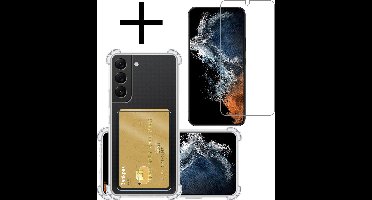 Hoesje - Geschikt voor Samsung Galaxy S22 - Met Screenprotector - En Pashouder - En Kaarthouder - Telefoon Hoes Shockproof - Siliconen Case - Back Cover - Shock Proof - Pasjes Houder - Transparant