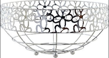 Fruitschaal - zilver - metaal - 28 x 28 cm - rond - met bloemenpatroon - Schalen/manden voor groente en fruit