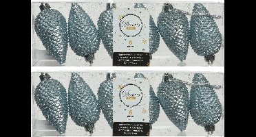 Decoris Kersthangers dennenappels - 12x - lichtblauw - glitter - 8 cm - kunststof - kerstversiering