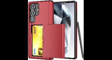 Hoesje Geschikt voor Samsung S25 Ultra Hoesje Rood - shockproof Backcover met pasjeshouder - Ruimte voor 2 pasjes