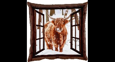 Sierkussens - Kussentjes Woonkamer - 60x60 cm - Schotse Hooglander - Sneeuw - Natuur - Dieren - Doorkijk - Winter