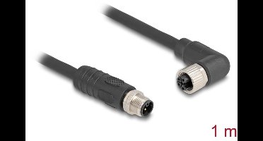 Delock M12 Cable L-coded 4 pin male straight to female right angled PUR suitable for drag chains 1 m black