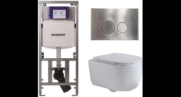 QeramiQ Dely Swirl Toiletset - 36.3x51.7cm - Geberit UP320 inbouwreservoir - met Burda frame - slim zitting - steel bedieningsplaat - ronde knoppen - wit glans