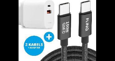 FlinQ 2x USB C naar USB C Kabel 100W + Adapter 18W - Snellader voor Telefoon, Tablet & meer - Zowel Datakabel als Oplader - 2 Meter Lange Nylon Oplaadkabel