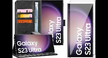 Hoesje geschikt voor Samsung Galaxy S23 Ultra - Screen Protector FullGuard - Book Case Kunstleer Pasjeshouder Zwart & Screenprotector