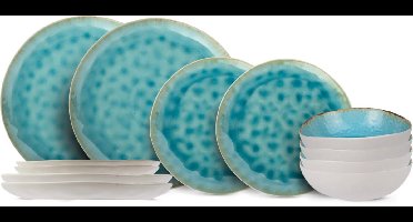 Cosy & Trendy Serviesset Laguna Azzurro 12-Delig / 4 personen - 4 dinerborden, 4 ontbijtborden en 4 kommen