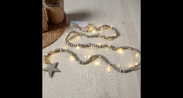 Star Trading Kerstverlichtingsketting 'Beady' met houten kralen en ster, batterijen + timer, warm wit, grijs, L 150cm