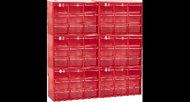 Plasticforte Sorteerbakjes spijkers/schroeven - 54x lades - 18.5 x 10 x 12 cm - opbergkastjes - ophangbaar - rood/transparant