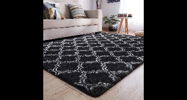 Boraboi ® Zacht en Stijlvol Hoogpolig Tapijt voor Slaapkamer en Woonkamer, Anti-Slip en Wasbaar (120 x 160 cm, Zwart Wit)