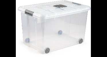 Plasticforte Opslagbox - 1x stuks - met deksel - 55L - 59 x 40 x 35 cm - transparant - opbergbak - met wielen