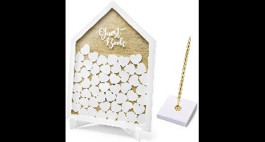 Gastenboek/receptieboek met luxe pen in houder - Bruiloft - wit/goud - hout - 43 x 31 cm
