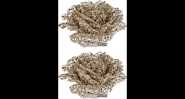 6x stuks decoratie bloemen roos champagne glitter op clip 10 cm - Decoratiebloemen/kerstboomversiering