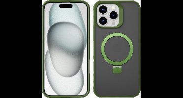 Hoesje Geschikt voor iPhone 15 Magsafe hoesje Groen - Mat Transparant hard cover - Magnetic Ring Houder hoesje