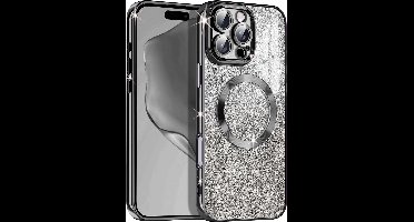 Hoesje Geschikt Voor iPhone 16 Pro Magsafe hoesje Zwart - Lens beschermer glitter backcover