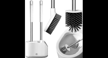 Dubbele Toiletborstel Siliconen met Houder - Hygiënisch & Antibacteriële Werking - Sneldrogend - WC borstel - Vrijstaand - Stevig - Zacht en Reinigend - Zilver/Wit/Grijs