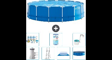 Intex Rond Frame Zwembad - 457 x 122 cm - Blauw - Inclusief Pomp - Ladder - Grondzeil - Afdekzeil Onderhoudspakket - Filter - Skimmer