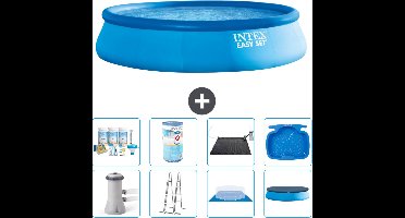 Intex Rond Opblaasbaar Easy Set Zwembad - 457 x 107 cm - Blauw - Inclusief Pomp - Ladder - Grondzeil - Afdekzeil Onderhoudspakket - Filter - Solar Mat - Voetenbad