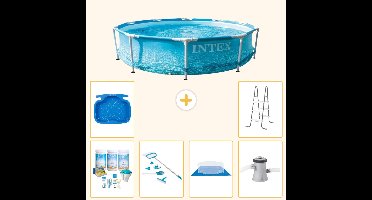 Intex Rond Frame Zwembad - 305 x 76 cm - Waterprint - Inclusief Onderhoudspakket - Schoonmaakset - Grondzeil - Zwembadfilterpomp - Voetenbad - Ladder - 7-delig