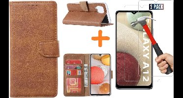 Hoesje Geschikt Voor Samsung Galaxy A12 hoesje wallet case Bruin - Galaxy A12 hoesje bookcase Portemonnee- Galaxy A12 Hoesje book cover hoesjes met 2 pack Screenprotector